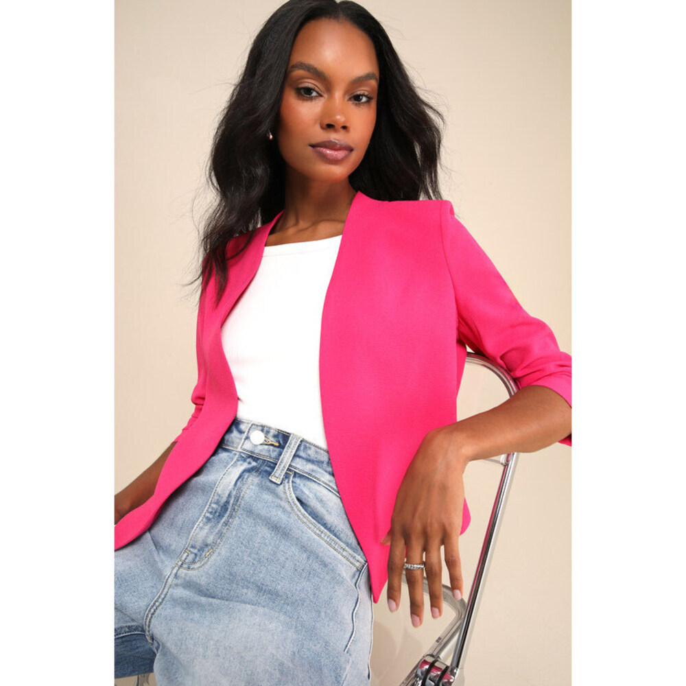 Lulus Punctual Perfection Fuchsia Pleated Lightweight Blazer Pink - Size L